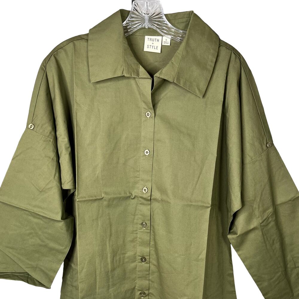 Truth + Style Woven Dolman Sleeve Green Button Shirt w/ Shark Bite Hem - Picture 2 of 8